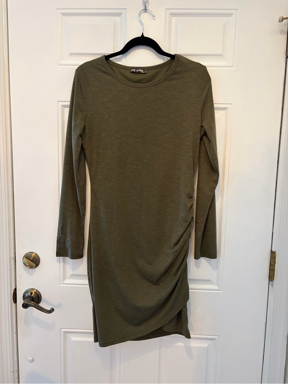 Amazon Olive Green Long-Sleeve Ruched Midi Dress